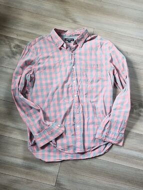 J Crew Men's Coral and Gray Gingham Button-Down Shirt XL